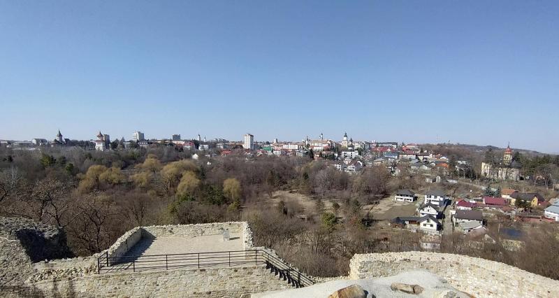 Suceava's town centre, seen from the medieval seat fortress, in March 2022