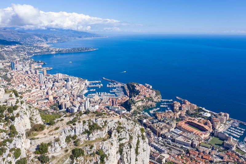 Panoramic view of Monaco from the Tête de Chien (Dog's Head) high rock promontory in 2020