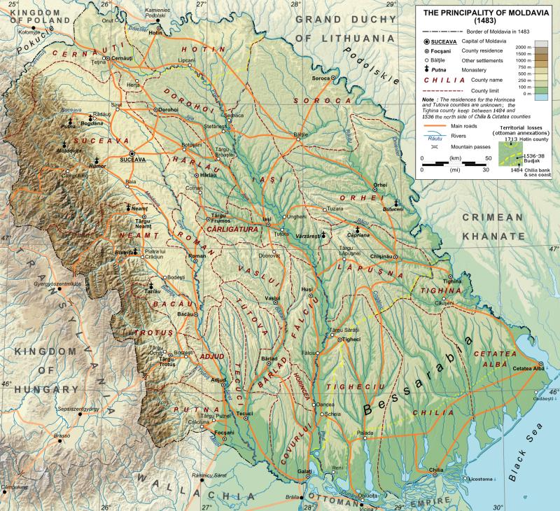 Administrative map of the Principality of Moldavia in 1483, with surrounding states