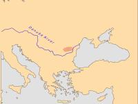 Region associated with the historic Getae people, shown in red dots at the mouth of the Danube River